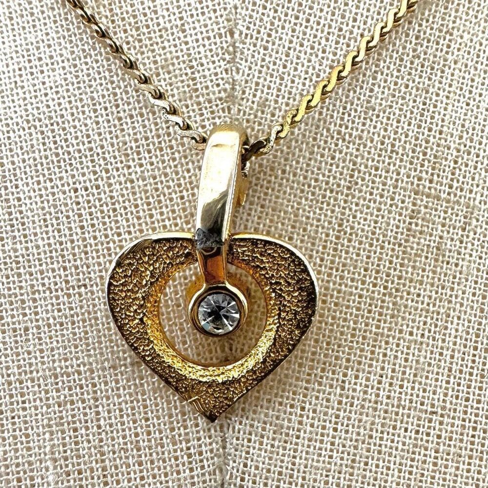 Vintage Biagi Gold tone heart rhinestone pendant necklace